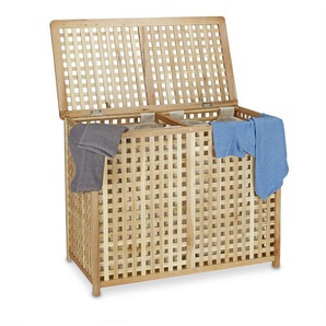 Relaxdays Wäschesammler Duo Walnuss, breite Wäschetruhe, 2 Wäschesäcke, Doppel Wäschebox HBT 68 x 88 x 46 cm, natur