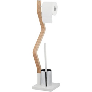 Relaxdays WC Garnitur stehend, Holz und Stahl, Toilettenpapierhalter mit Bürste, HBT 75 x 18,5 x 18,5 cm, weiß/natur