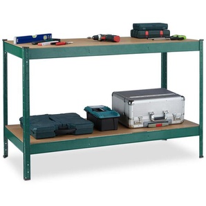 Relaxdays - Werkbank, 600 kg, HxBxT: 91 x 141 x 61 cm, 2 verstellbare Ebenen, Werktisch, Stahl & mdf, Werkstattregal, grün