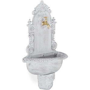 Relaxdays - xl Wandbrunnen antik, mit Wasserhahn, nostalgisch, Waschbecken Garten, Aluguss, hbt 75 x 44 x 22 cm, weiß