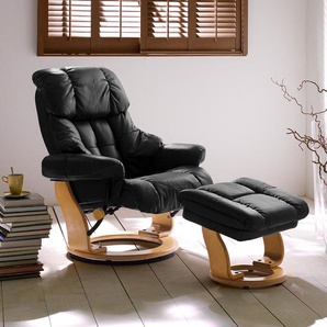 Relaxsessel mit Hocker Schwarz/Schwarz Kontaktflächen: Echtleder Rückseiten: Kunstleder Gestell: Formholz Hellbraun 90 x 104 x 91cm
