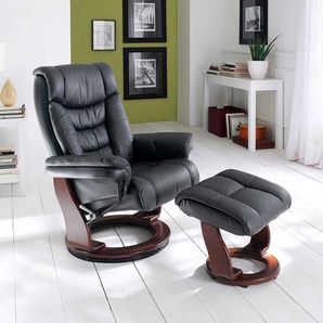 Relaxsessel in Schwarz Leder mit Hocker (zweiteilig)