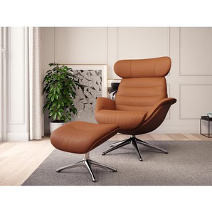 Relaxsessel LESO Braun Echtleder Danbi mit Hocker Chrom glänzend 90 x 107 x 90cm