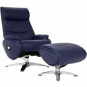 Relaxsessel mit Hocker HHG 334, Fernsehsessel Sessel, Liegefunktion drehbar, Metall Echtleder/Kunstleder blau