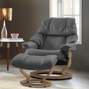 Relaxsessel STRESSLESS Reno Sessel Gr. Leder BATICK, Classic Base Eiche, Relaxfunktion-Drehfunktion-Plus™System-Gleitsystem, B/H/T: 88 cm x 98 cm x 78 cm, grau (grey batick) Lesesessel und Relaxsessel mit Classic Base, Größe S, M & L, Gestell Eiche