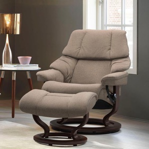 Relaxsessel STRESSLESS Reno Sessel Gr. ROHLEDER Stoff Q2 FARON, Classic Base Braun, Relaxfunktion-Drehfunktion-Plus™System-Gleitsystem, B/H/T: 75 cm x 96 cm x 75 cm, beige (beige q2 faron) Lesesessel und Relaxsessel mit Hocker, Classic Base, Größe S, M &