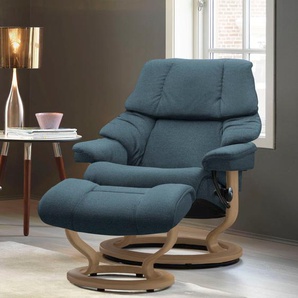 Relaxsessel STRESSLESS Reno Sessel Gr. ROHLEDER Stoff Q2 FARON, Classic Base Eiche, Relaxfunktion-Drehfunktion-Plus™System-Gleitsystem, B/H/T: 75 cm x 96 cm x 75 cm, blau (petrol q2 faron) Lesesessel und Relaxsessel mit Hocker, Classic Base, Größe S, M &