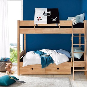 Relita Etagenbett Stefan, inkl. Rolllattenrost, mit Leiter u. Absturzschutz, Textil-Set, Buche