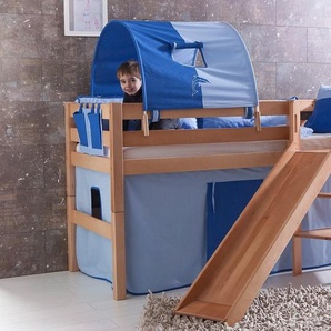 Relita Hochbett Eliyas inkl. Rolllattenrost, mit Leiter, Rutsche u. Textilset, massiv Buche