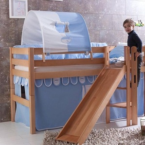 Relita Hochbett Eliyas inkl. Rolllattenrost, mit Leiter, Rutsche u. Textilset, massiv Buche