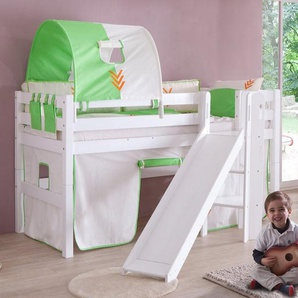 Relita Hochbett Eliyas inkl. Rolllattenrost, mit Leiter, Rutsche u. Textilset, massiv Buche