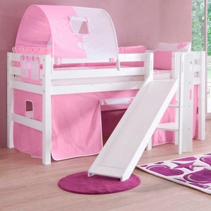 Relita Hochbett Eliyas inkl. Rolllattenrost, mit Leiter, Rutsche u. Textilset, massiv Buche