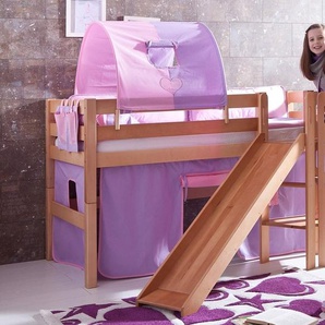 Relita Hochbett Eliyas inkl. Rolllattenrost, mit Leiter, Rutsche u. Textilset, massiv Buche
