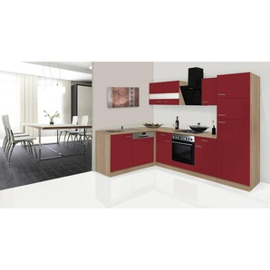 Respekta Eckküche, Rot, Eiche, Glas, 2,1 Schubladen, nur wie online abgebildet bestellbar, 280x172 cm, links aufbaubar, rechts aufbaubar, Küchen, Eckküchen