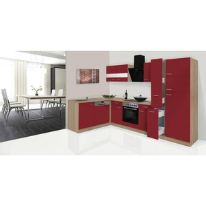 Respekta Eckküche, Rot, Eiche, Glas, Holzwerkstoff, 2,1 Schubladen, nur wie online abgebildet bestellbar, 310x172 cm, links aufbaubar, rechts aufbaubar, Küchen, Eckküchen