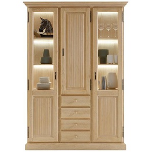 Ridgevalley Vitrinenschrank Breddin II Landhaus Natur Massivholz Pinie 153x217x42 cm (BxHxT) 3-türig 1 Schublade LED