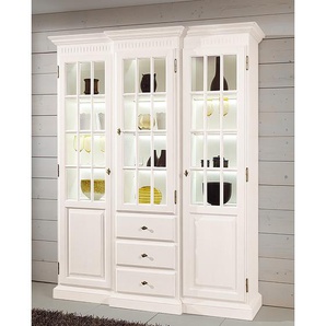 Ridgevalley Vitrinenschrank La Carlotta I Landhaus Creme Massivholz Pinie 171x217x51 cm (BxHxT) 3-türig 1 Schublade LED