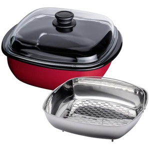 Riess Dampfbräter, Rot, Metall, 4,5 L, quadratisch, 28x17 cm, backofengeeignet,backofengeeignet, kratzfest, rostfrei, Dämpfeinsatz, geschmacksneutral, energiesparend, Deckel hitzebeständig, Kochen, Töpfe, Dampfgarer Töpfe