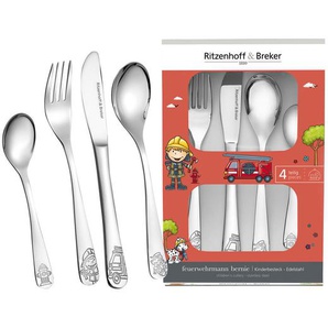 Ritzenhoff Breker Kinderbesteck Feuerwehrmann, Silber, Metall, 4-teilig, 23x3x15 cm, Füttern, Kinderbesteck