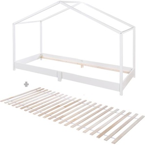roba Hausbett 90 x 200 cm mit Lattenrost - Bodentiefes Kinderbett nach Montessori Prinzip - Erweiterbar mit Hausbettbezug - Holz weiß lackiert 207022WE