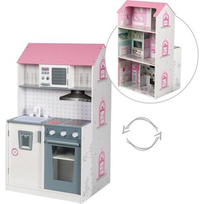 roba® Spielküche 2-in-1, rosa Holz, mit mehrstöckigem Puppenhaus