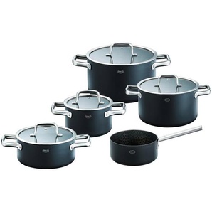 Rösle Kochtopfset Ebonic, Schwarz, Metall, 5-teilig, 16 cm, 57x32 cm, backofengeeignet, hitzebeständige Griffe, hitzebeständig, leichte Reinigung, Dreischicht-Material mit durchgängigem Aluminiumkern, optimale und gleichmäßige Wärmeverteilung bis zum