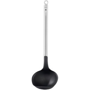 Schöpflöffel RÖSLE Basic Line Kochlöffel Gr. - Länge: 30 cm, silberfarben (silberfarben, schwarz) Löffel Schöpfer mit Schüttrand und Aufhängeöse, spülmaschinengeeignet