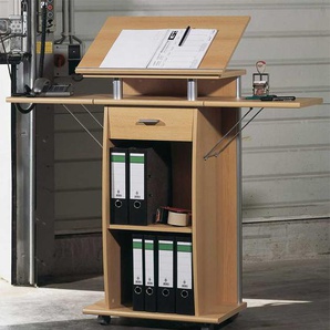 Rollbares Stehpult in Buchefarben 130 cm hoch