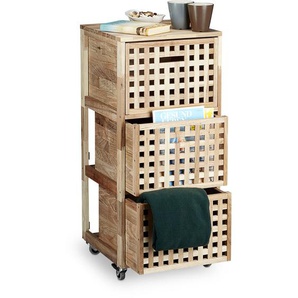 Rollcontainer Holz, 3 Fächer, HxBxT:91,5x40,4x40,4cm, Utensilienwagen, Rollregal, natur - Relaxdays