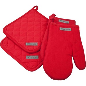 Topflappen ROSS Exclusiv rot Topflappen Topfhandschuh 2x und Grillhandschuh, 100% Baumwolle