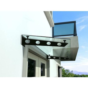 S) 200x90 cm Klarglas Glasvordach inkl. Edelstahlhalter in Schwarz - Buylando
