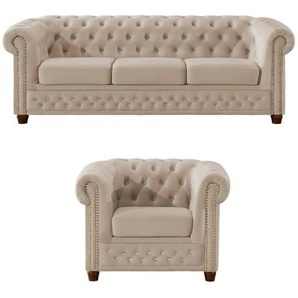 S-STYLE Chesterfield Polestergarnitur 3+1  Cleo Blink ¦ beige ¦ Maße (cm): B: 203 H: 72