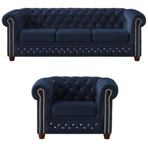 S-STYLE Chesterfield Polestergarnitur 3+1 Cleo Blink ¦ blau ¦ Maße (cm): B: 203 H: 72