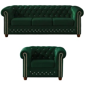 S-STYLE Chesterfield Polestergarnitur 3+1  Cleo Blink ¦ grün ¦ Maße (cm): B: 203 H: 72