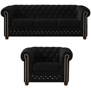 S-STYLE Chesterfield Polestergarnitur 3+1  Cleo Blink ¦ schwarz ¦ Maße (cm): B: 203 H: 72