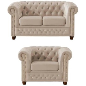 S-STYLE Chesterfield Polstergarnitur 2+1  Cleo Blink ¦ beige ¦ Maße (cm): B: 148 H: 72