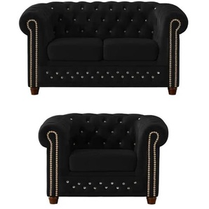 S-STYLE Chesterfield Polstergarnitur 2+1  Cleo Blink ¦ schwarz ¦ Maße (cm): B: 148 H: 72
