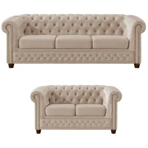 S-STYLE Chesterfield Polstergarnitur 3+2  Cleo Blink ¦ beige ¦ Maße (cm): B: 203 H: 72