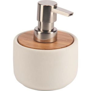 Sadena Seifenspender, Braun, Weiß, Holz, Keramik, Bambus, 9.1x12.6x9.1 cm, Metallpumpe, Badaccessoires, Waschplatzzubehör, Seifenspender