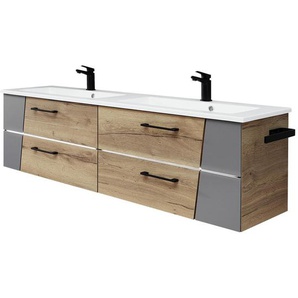 Sadena Waschtischkombi , Grau, Eiche , Metall , 4 Schubladen , 153 cm , Made in Germany , hängend , Badezimmer, Waschbecken & Armaturen, Waschtische