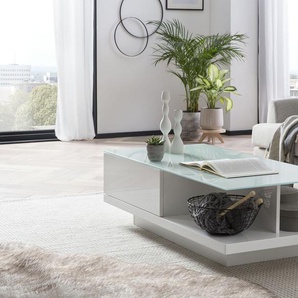Couchtisch SALESFEVER Tische Gr. B/H/T: 120 cm x 36 cm x 60 cm, Weiß mit Hochglanzelementen, weiß Couchtisch Eckige Couchtische Glas-Couchtische eckig Tisch mit Tischplatte aus gehärtetem Kristallglas