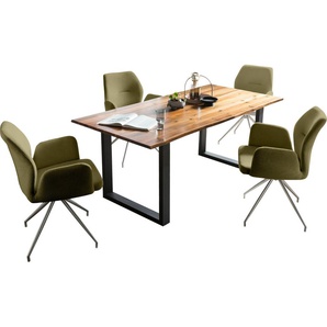 SalesFever Essgruppe, (Set, 5-tlg), Tischplatte mit echter Baumkante, Gestell aus rostfreiem Edelstahl