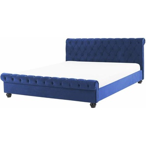 Samtstoff Polsterbett Samtstoff Blau Lattenrost 180 x 200 cm Geschwungene Form Gepolsterte Kopfteil Britisch