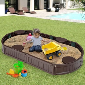 Sandbox Sandkasten mit wasserdichter Abdeckung und Bodenauskleidung, Outdoor Sandkiste Platz für 4 Kinder 183x105x21cm - Costway