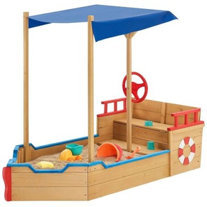 Sandkasten Käptn Pit - Piratenschiff Boot aus Holz - große Kinder Sandkiste für Garten mit Bodenplane, Dach & Sitzbank - Outdoor Sandbox - Juskys
