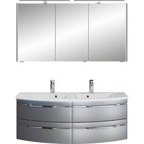Saphir Badmöbel-Set Badezimmer-Set 133,2 cm breit, inkl. Türdämpfer, 3 Türen, 4 Schubladen, (Set, 2-St), Serie 7045 2-teilig Mineralmarmor-Doppelwaschtisch, LED-Spiegelschrank