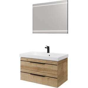 Saphir Badmöbel-Set Balto 2-teilig Mineralmarmor-Waschtisch mit LED-Spiegel, Waschplatz, (2-St), 92 cm breit, mit 2 Schubladen, Badschrank inkl. Schubladendämpfer