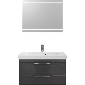 Saphir Badmöbel-Set Balto 2-teilig Mineralmarmor-Waschtisch mit LED-Spiegel, Waschplatz, (2-St), 92 cm breit, mit 2 Schubladen, Badschrank inkl. Schubladendämpfer