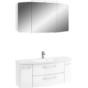 Saphir Badmöbel-Set Cassca Sprint 2-teilig Mineralmarmor-Waschtisch mit LED-Spiegelschrank, (2-St), Waschplatz 121 cm breit mit 5 Türen, 2 Schubladen, inkl. Türdämpfer