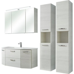 Saphir Badmöbel-Set Quickset 936 4-teilig, Mineralmarmor-Waschtisch und LED-Spiegelschrank, (Set, 4-St), 2 Hochschränke, Eiche Weiß quer Nachbildung, inkl. Türdämpfer, 9 Türen